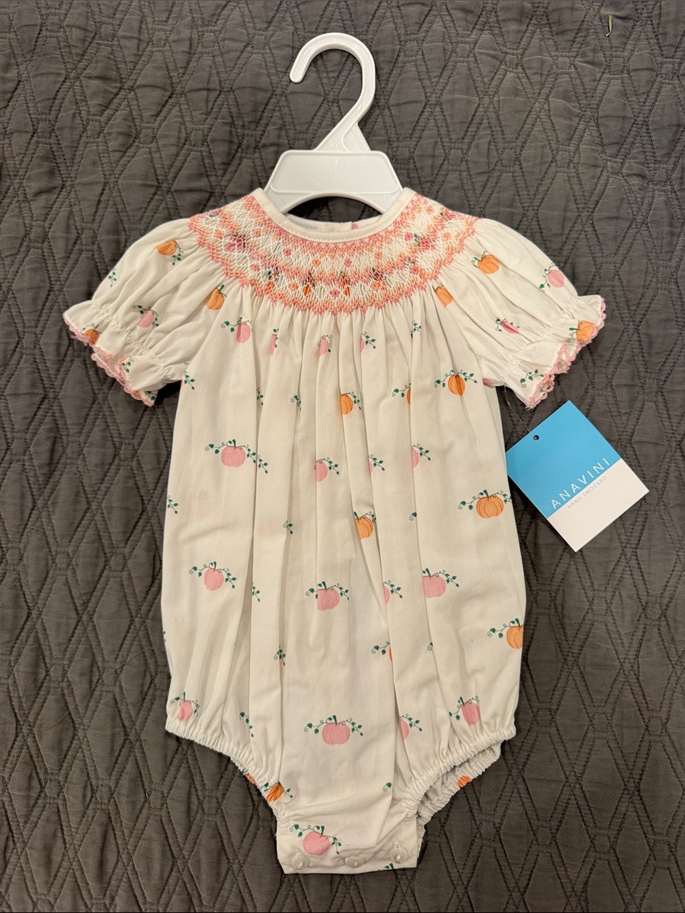 Anavini Cream Smocked Pumpkin Print Baby One-Piece